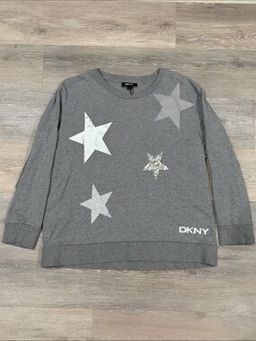 DKNY Gray Star Sequin Pullover Sweater‎ Crew Neck Long Sleeve Women's Size L